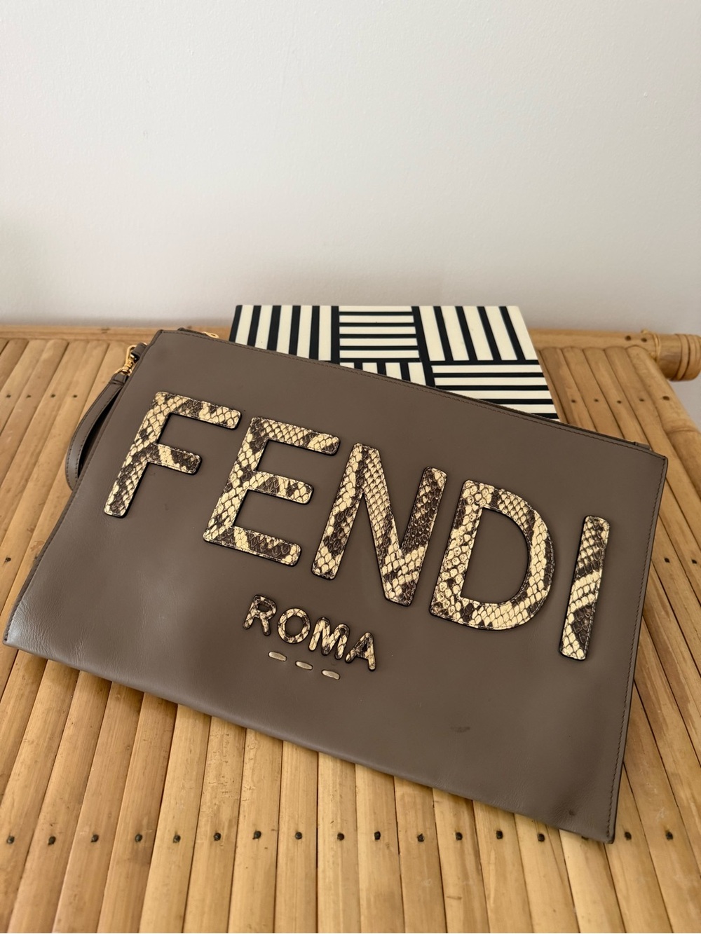 Fendi Taupe Leather Clutch with Snakeskin Logo and Gold Hardware - Picture 3 of 9